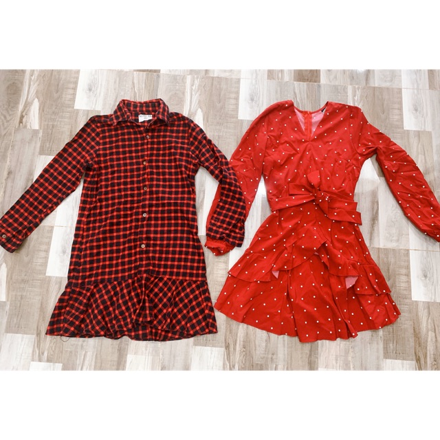 Đầm suông caro đuôi cá size M tkt152 pass 60k Đầm chấm bi xoè đỏ size S eo 65 tkt152 pass 70k