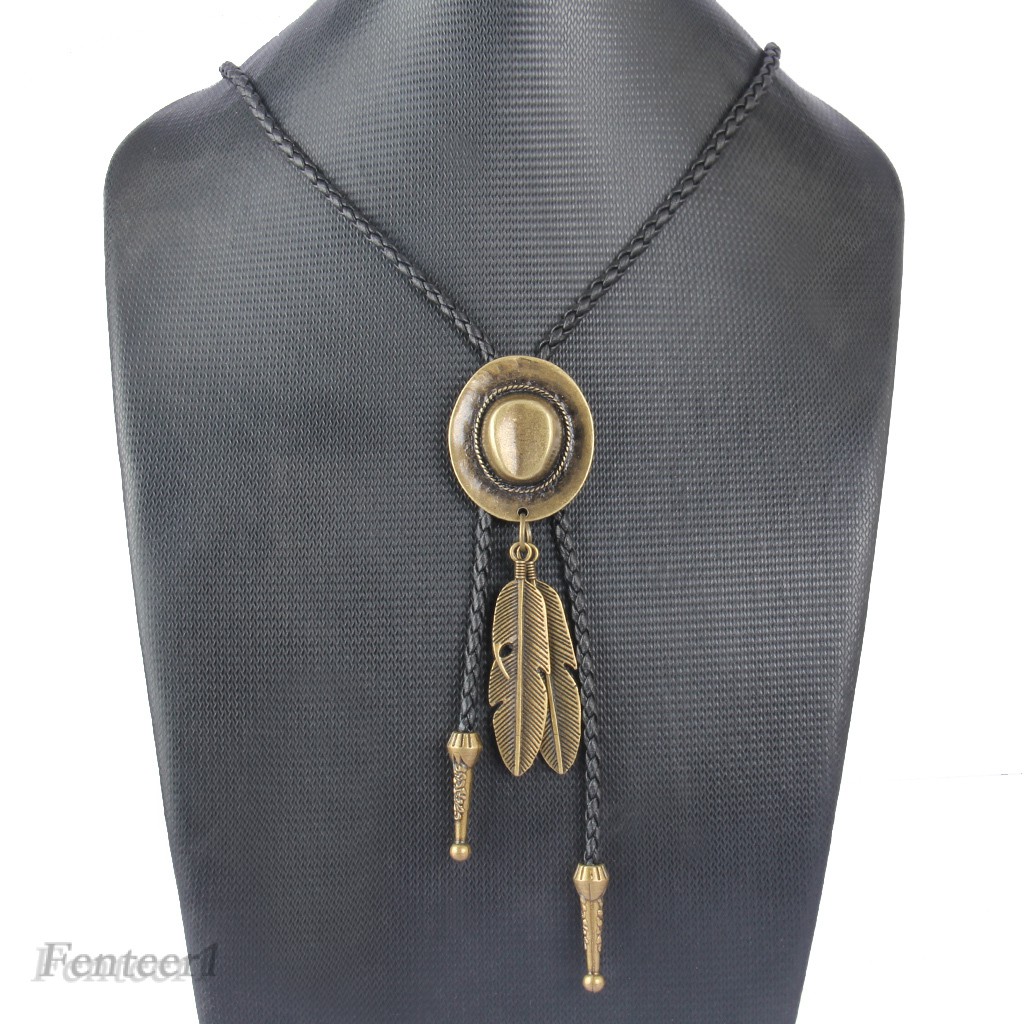 [FENTEER1] Western Cowboy Rodeo Bolo Tie Hat and Feather Pendant Black PU Rope Necktie