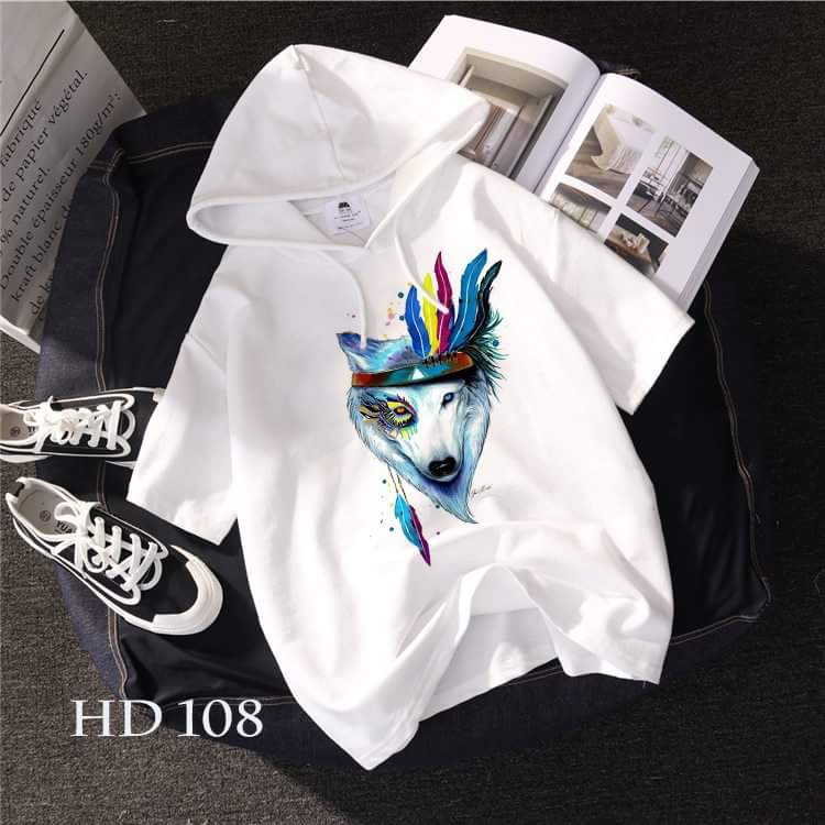 Áo thun HOODIE UNISEX TAY LỠ CÓ NÓN hình sói