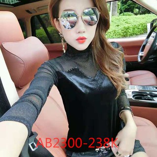 (AB2300) Áo kiểu nữ cổ cao tay phối lưới phun kim sa sang chảnh