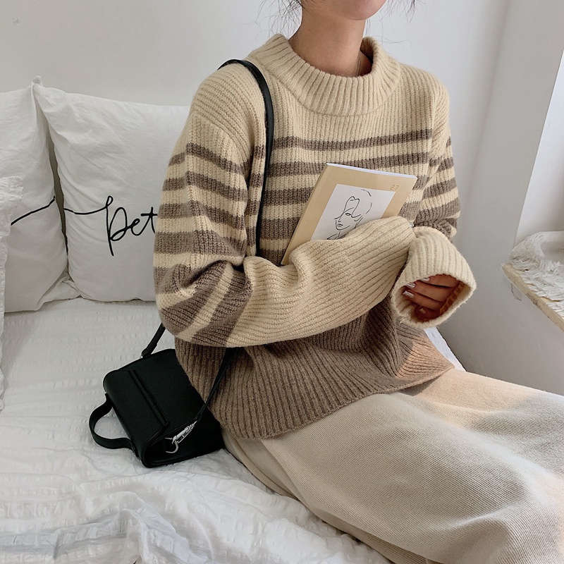 Áo sweater tay dài dáng rộng kẻ sọc phong cách Hàn Quốc trẻ trung