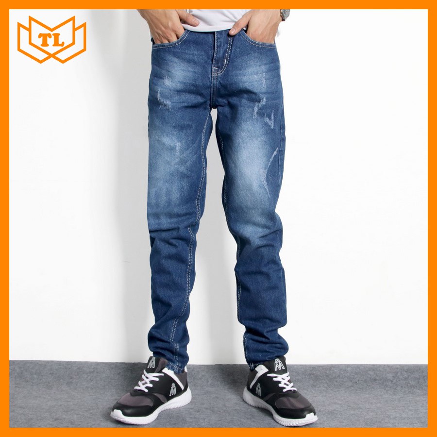 Quần jean nam xanh bạc xước vải không co giãn TL496
