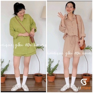 Set áo sơ mi dài tay kèm quần short phong cách hàn quốc