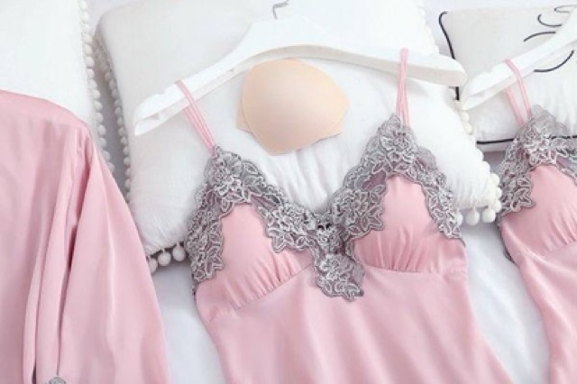 Váy ngủ quảng châu SX562-1 lụa satin phối ren kèm choàng cao cấp _Kubull | BigBuy360 - bigbuy360.vn