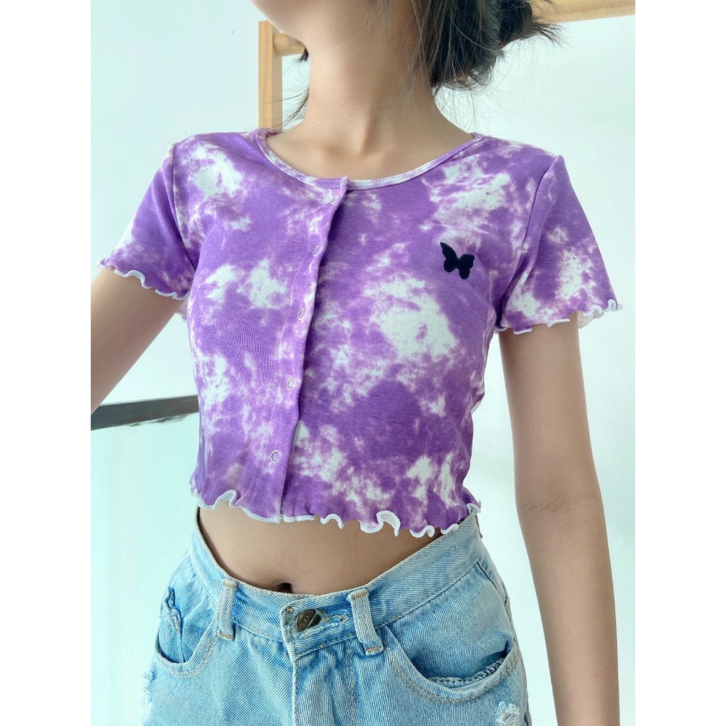 Áo Croptop Body Cổ Tròn Tay Ngắn Cúc Bấm Loang Màu Thêu Bướm  A5086