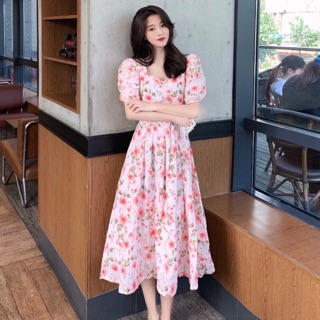 Váy maxi hoa dáng xoè tay bồng