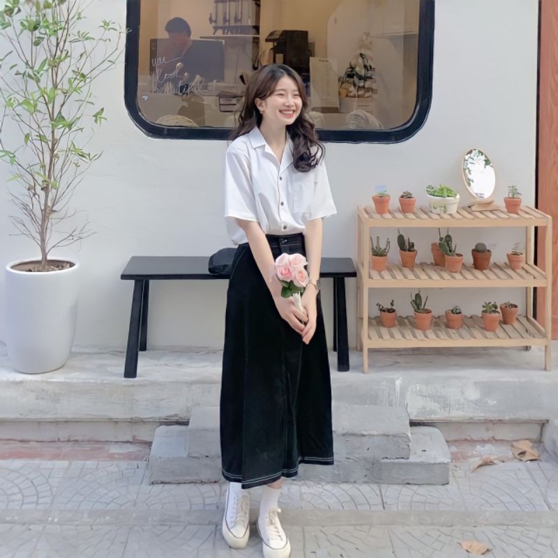 (Sẵn/Ảnh thật) Chân váy bò đen Ulzzang chỉ nổi phong cách Hàn Quốc. Chân váy Hàn Quốc cạp chun xẻ tà | BigBuy360 - bigbuy360.vn
