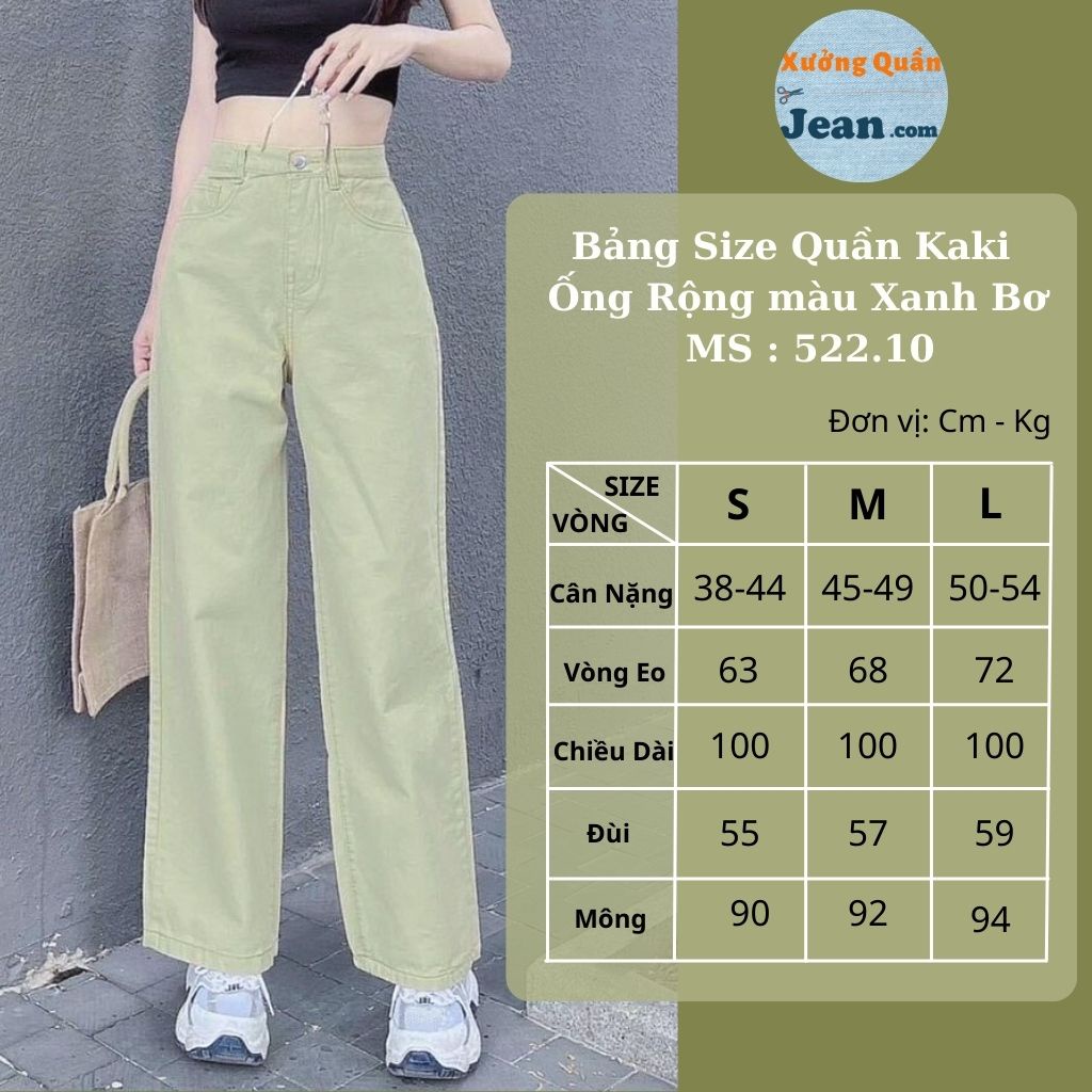 Quần Kaki Nữ Ống Rộng Lưng Cao Dáng Suông, Quần Kaki Jean Trơn Màu Xanh Bơ Cực Sang Chảnh Size SML - 522.10