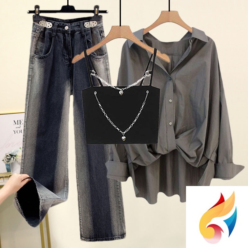 Set Đồ 2 Món Gồm Áo Sơ Mi Mỏng Dáng Rộng + Quần Jeans Phong Cách Mới Mùa Thu Cho Nữ Có Size Lớn