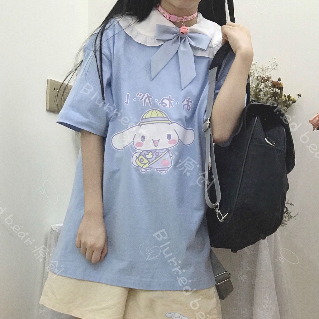 ✦Đầu Chó Cinnamon✦Áo Thun Cotton Tay Ngắn Cổ Búp Bê Mềm Mại In Họa Tiết Chú Cún Cinnamon Phong Cách Nhật Bản Dành Cho Nữ