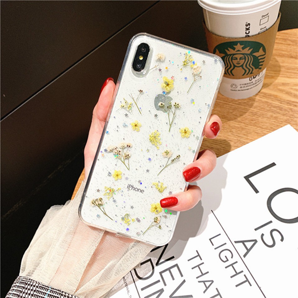 Ốp Điện Thoại Mềm Trong Suốt Họa Tiết Hoa Khô Thật Cho iphone 15 13 14 pro max 15pro 14promax 14pro max