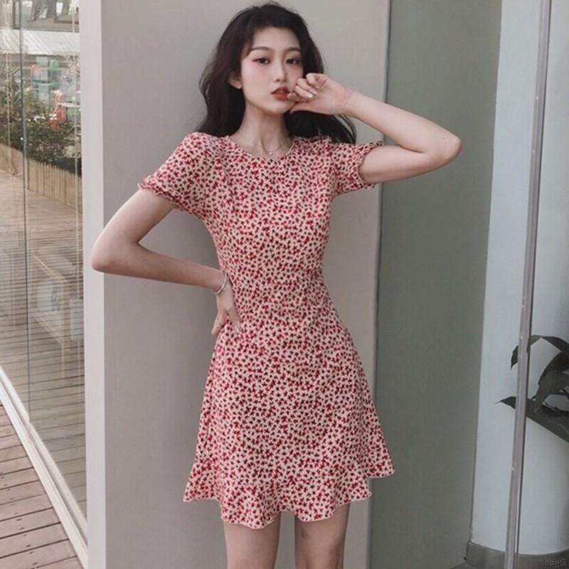 Đầm Tay Ngắn In Hoa Phong Cách Hàn Quốc Cho Nữ