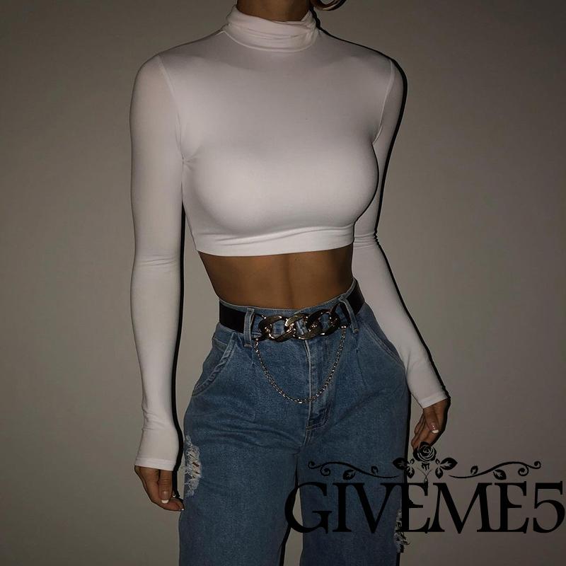 Áo croptop tay dài cổ lọ màu trơn thời trang cho nữ chất lượng cao