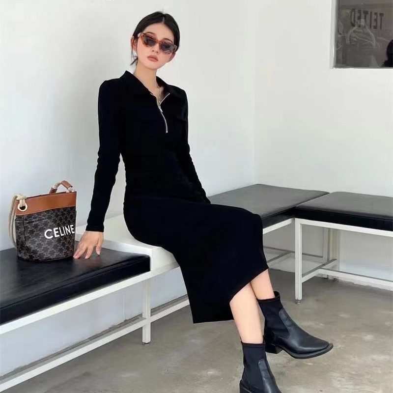 IELGY  Đầm Đen Cổ polo Tay Dài Xẻ Tà Thời Trang Cho Nữ
