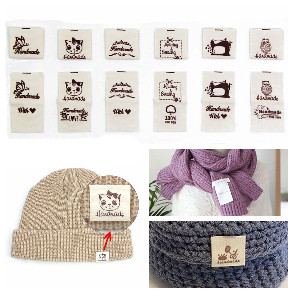 Bộ 50 thẻ tag nhãn bằng vải họa tiết Handmade With Love mèo hoạt hình trái tim may quần áo đồ dệt kim DIY thủ công
