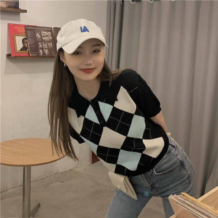 Áo kiểu dệt kim tay ngắn cổ polo họa tiết sọc ca rô phong cách Hàn Quốc thời trang dành cho nữ