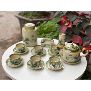 Bộ ấm chén vuông hoa tầm xuân xanh Bát Tràng - Bộ trà Bát Tràng