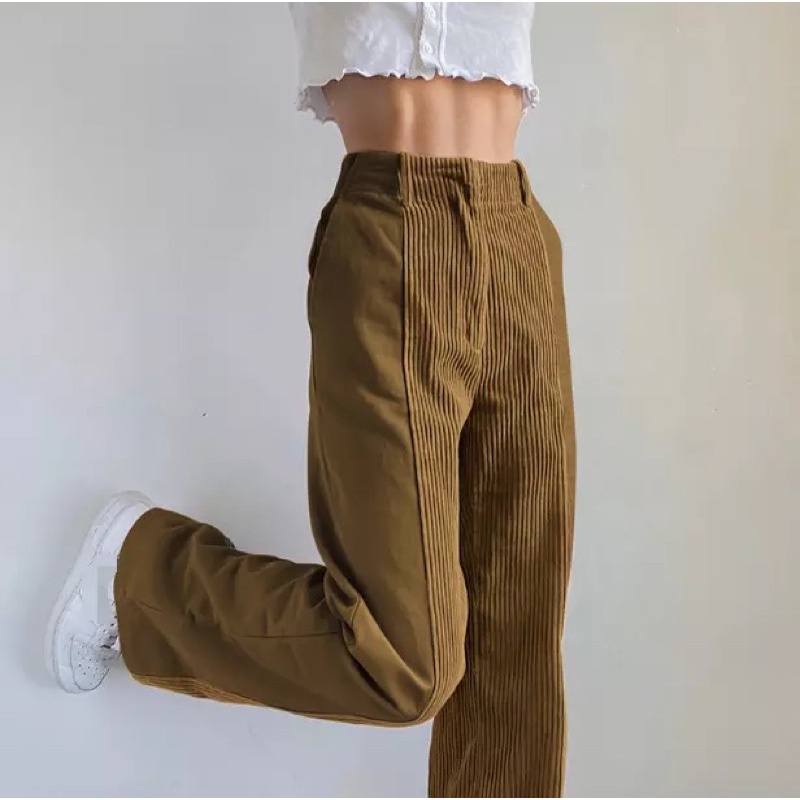 SẴN Quần Taobao dài chất nhung tăm ống suông màu nâu size M (inb để xem thêm ảnh thật)