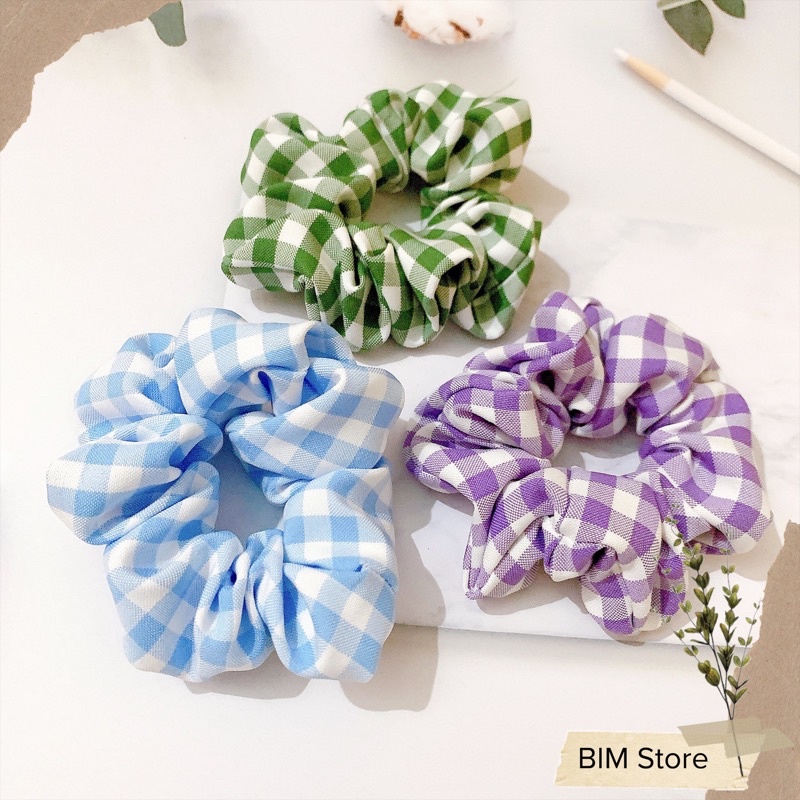 Dây buộc tóc scrunchies sọc caro dễ thương phong cách vintage phom to phồng đẹp vải dày dặn