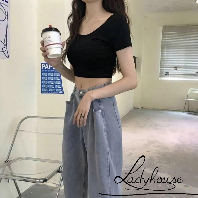 Áo Thun Croptop Tay Ngắn Màu Sắc Trơn Thiết Kế Hở Lưng Thời Trang Quyến Rũ Cho Nữ