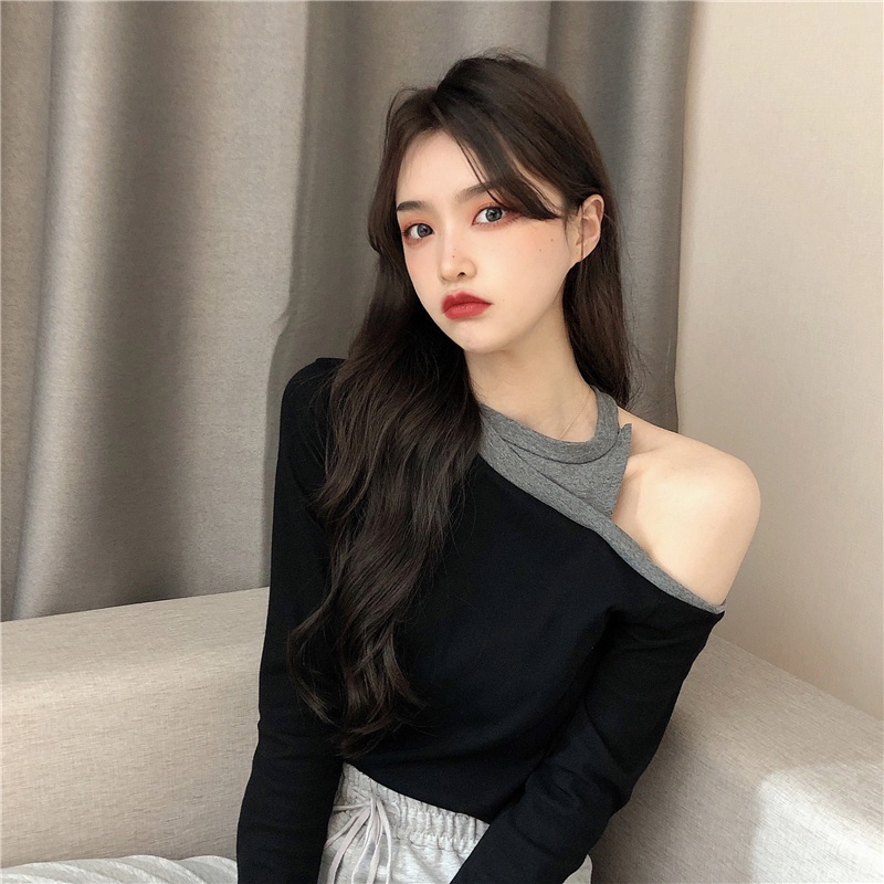 Áo thun ZHELIHANGFEI tay dài hở vai giả hai lớp phong cách quyến rũ tùy chọn màu sắc