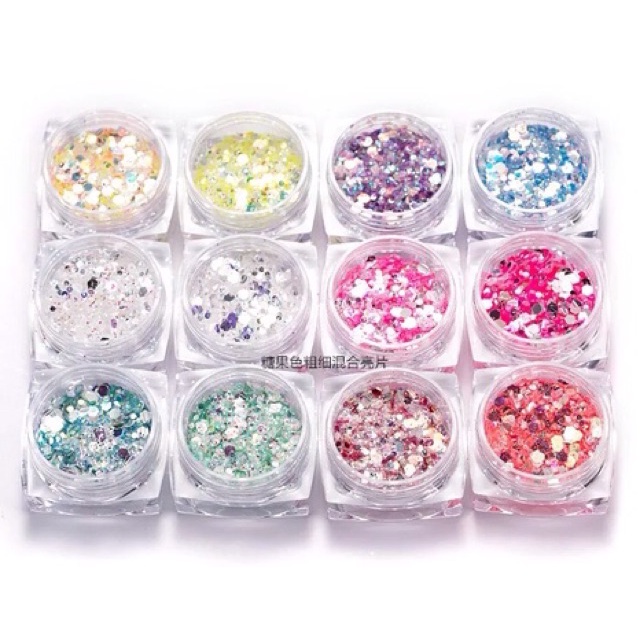 Set nhũ kim tuyến 12 hộp trang trí móng, Nhũ kim cương Thiên Di Nail