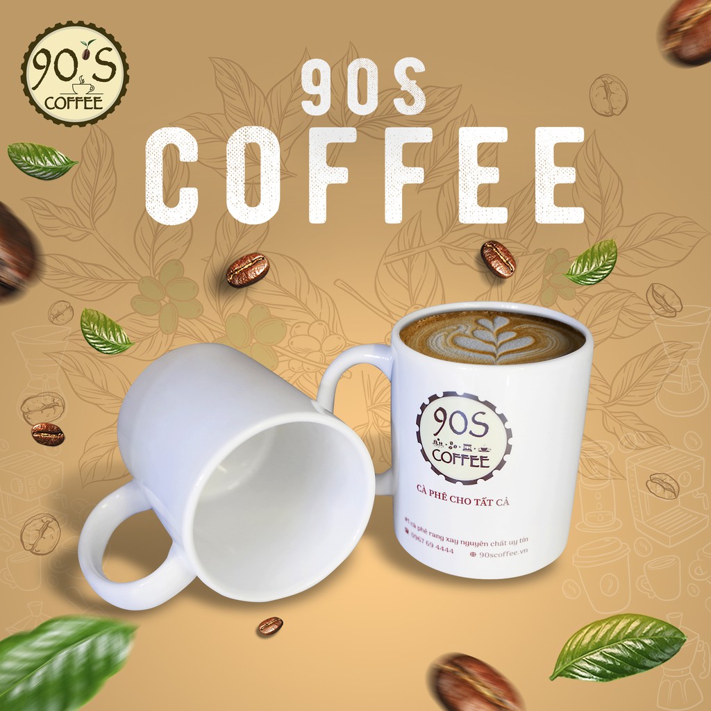 Ly Cốc Sứ Tráng Men Trắng Cao Cấp 90S COFFEE Giữ Nhiệt Lâu Có Quai Cầm Cách Nhiệt