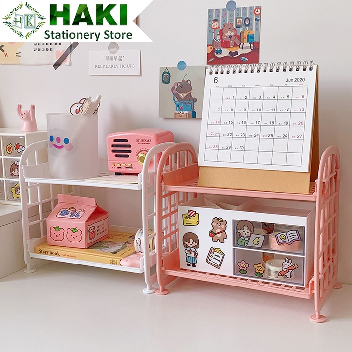 Kệ để đồ 2 tầng HAKI, kệ nhựa mini đa năng decor trang trí để sách đồ đùng văn phòng phẩm nhiều màu KN02