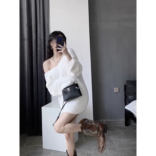 Áo len lông mịn cổ V dáng váy
