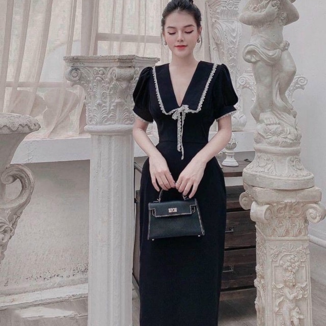 đầm đen tay phồng chạy ren