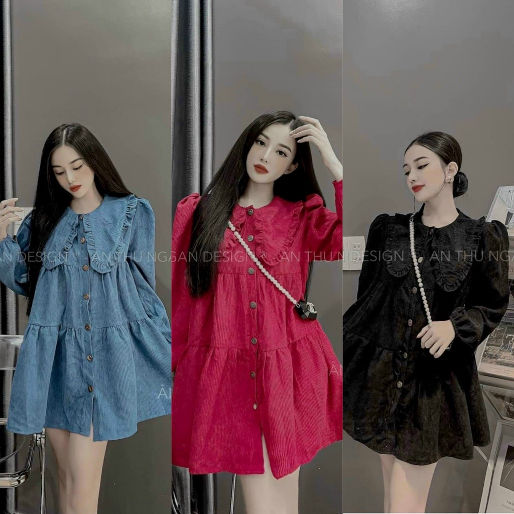 Váy đầm babydoll tay dài cổ bèo cài nút siêu dễ thương