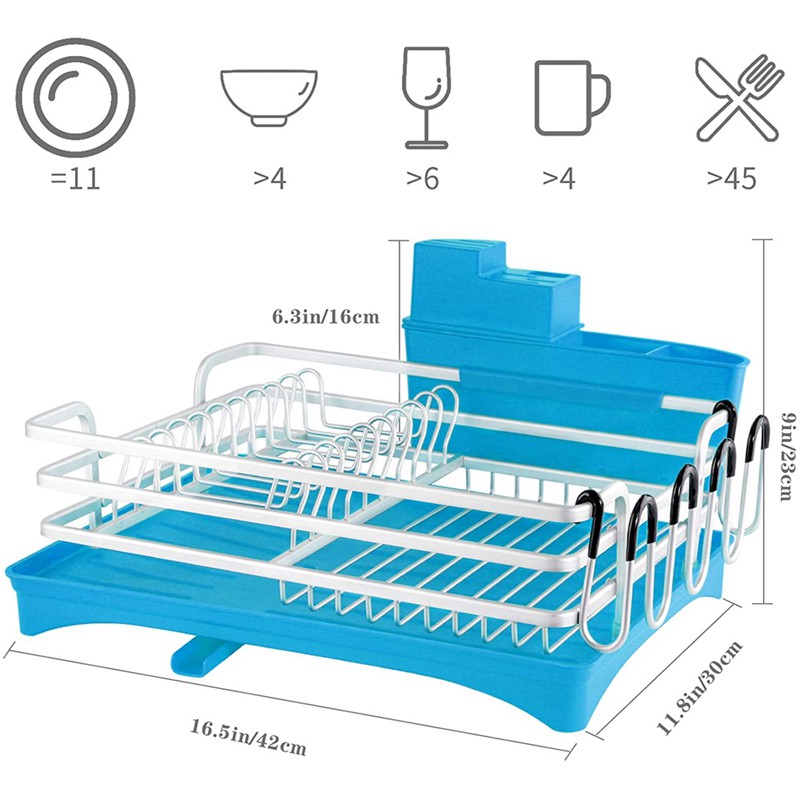 Kệ sắp xếp chén bát đĩa bằng nhựa có lỗ thoát nước và khay đựng nước có thể gắn dễ dàng dùng cho nhà bếp màu blue