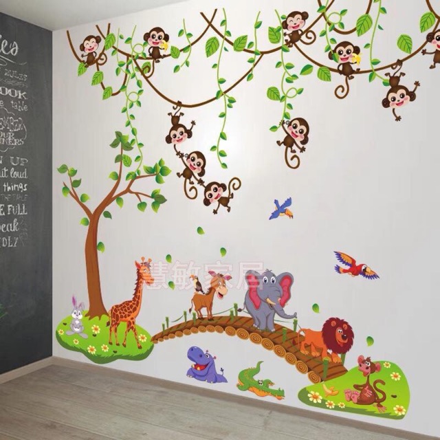 BỘ COMBO DECAL GHÉP ĐÔI dán tường - Cây Cầu Gỗ và Dây Leo Khỉ ( 2 TẤM )