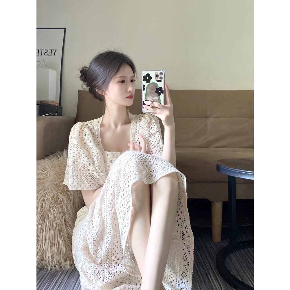 Đầm Chữ A Cổ Vuông Màu Trơn Thời Trang Hàn Quốc Cổ Điển