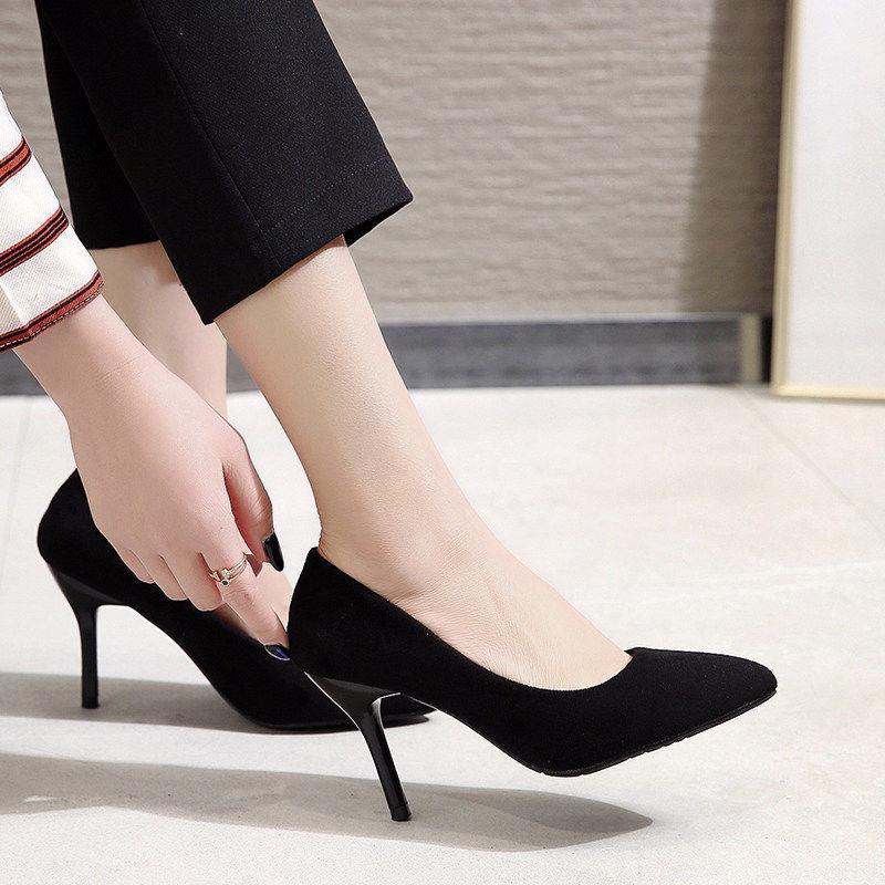 Giày cao gót 5cm bằng da lộn màu đen mũi nhọn phong cách công sở 2021 sành điệu cho nữ