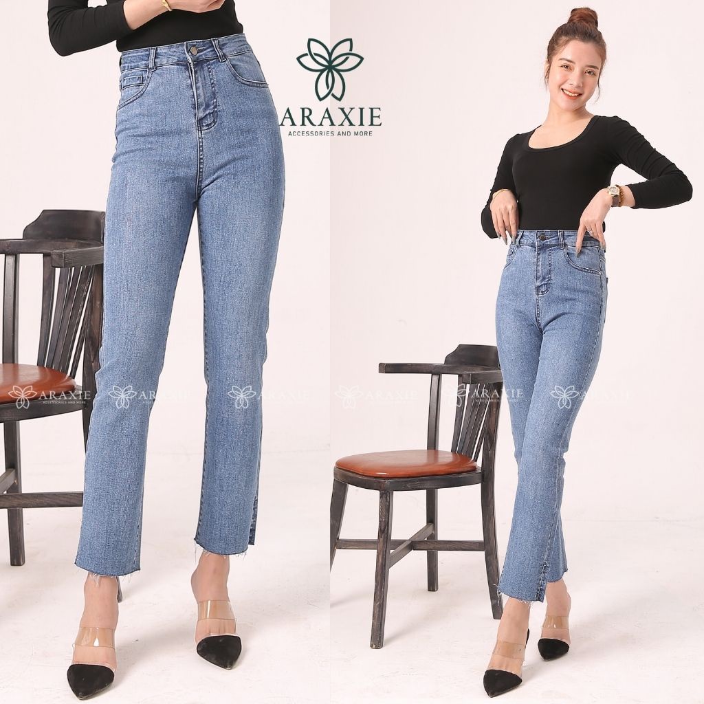 Quần bò nữ ống đứng Araxie quần jean nữ ống đứng màu xanh lưng cao xẻ gấu co giãn 4 chiều JAOD05