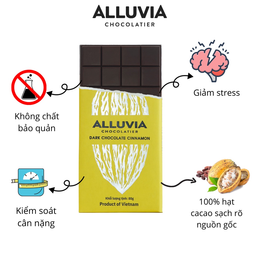 Socola đen nguyên chất vị Quế Trà Bồng đắng vừa ít ngọt Alluvia thanh nhỏ 30 gram Dark chocolate bar with cinnamon