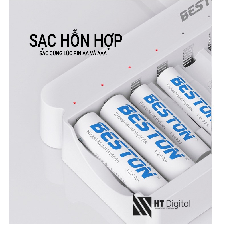 Bộ sạc 12 pin Beston C9025 AA AAA  sạc nhanh, tự ngắt khi đầy, đèn LED báo thông minh, dùng cho micro ,remote, đồ chơi