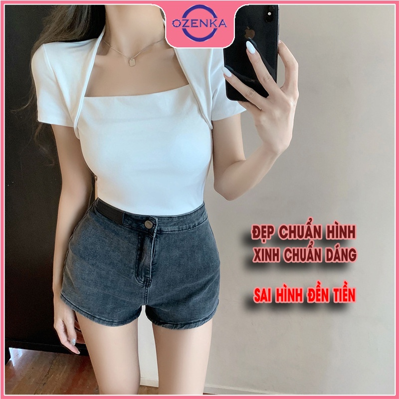 Áo croptop cổ vuông ôm tay ngắn nữ OZENKA , áo thun crt ngắn màu đen trắng đẹp mặc  hè 2022