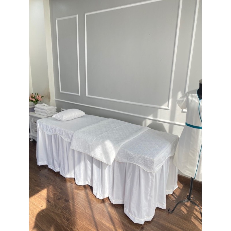 Bộ Ga giường spa chất satin gồm Ga - chăn đắp và vỏ gối ( hàng may 3 ngày có)
