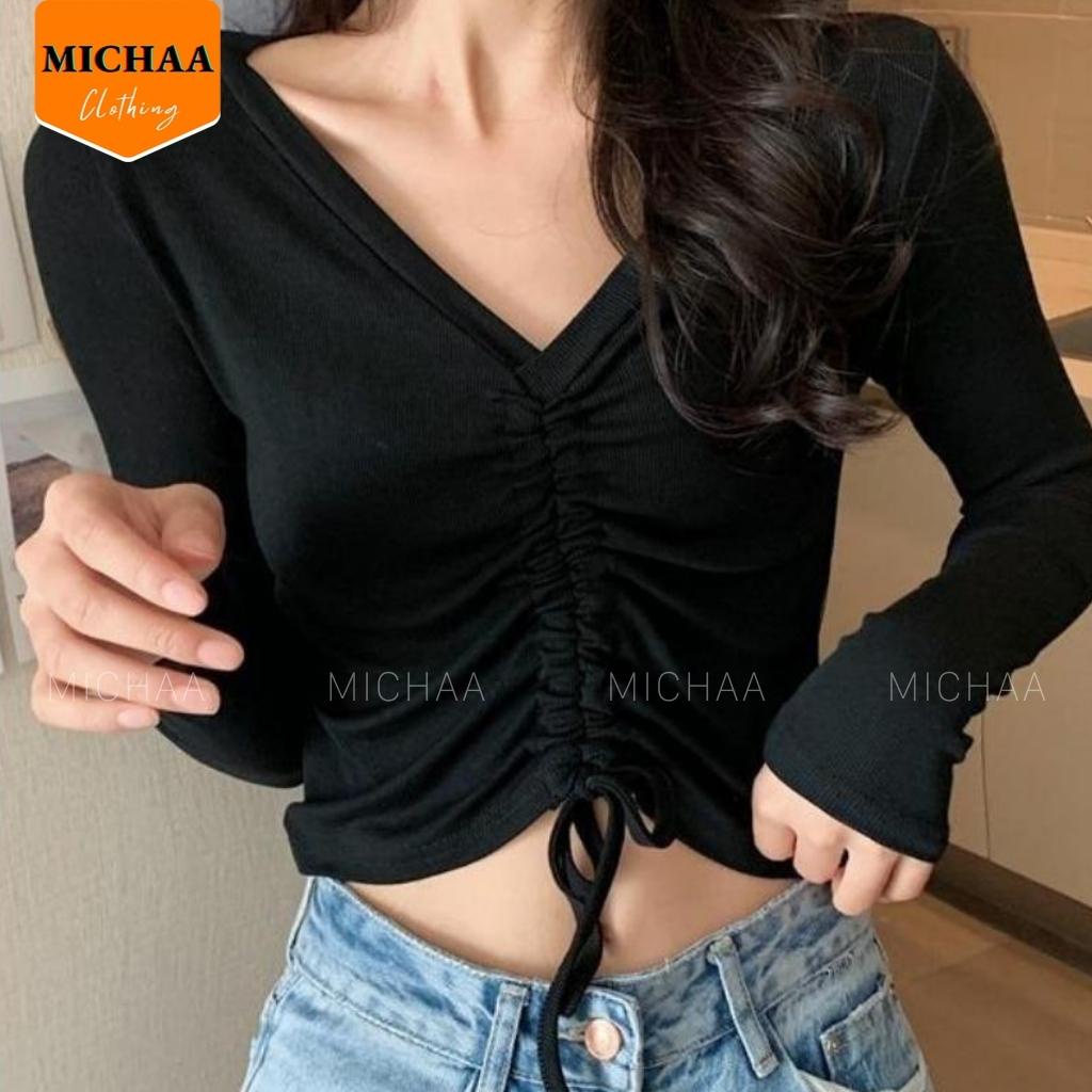 Áo Croptop CỔ TIM DÂY RÚT Tay Dài Kiểu Nữ Ôm Body Sexy Ulzzang - MICHAA