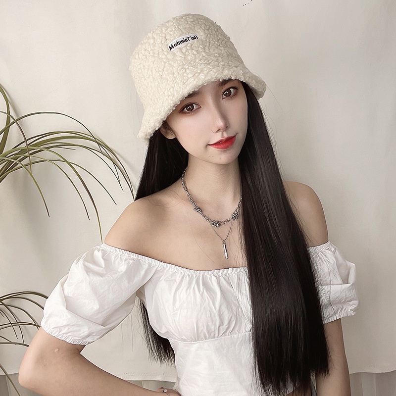 Tóc giả nữ kèm mũ tai bèo vải len, tóc giả nguyên đầu thẳng dài kết hợp nón lông cừu