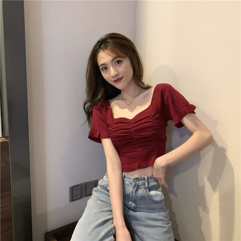 Áo thun COZOK dệt kim tay ngắn cổ vuông hở rốn dáng ôm thời trang cho nữ