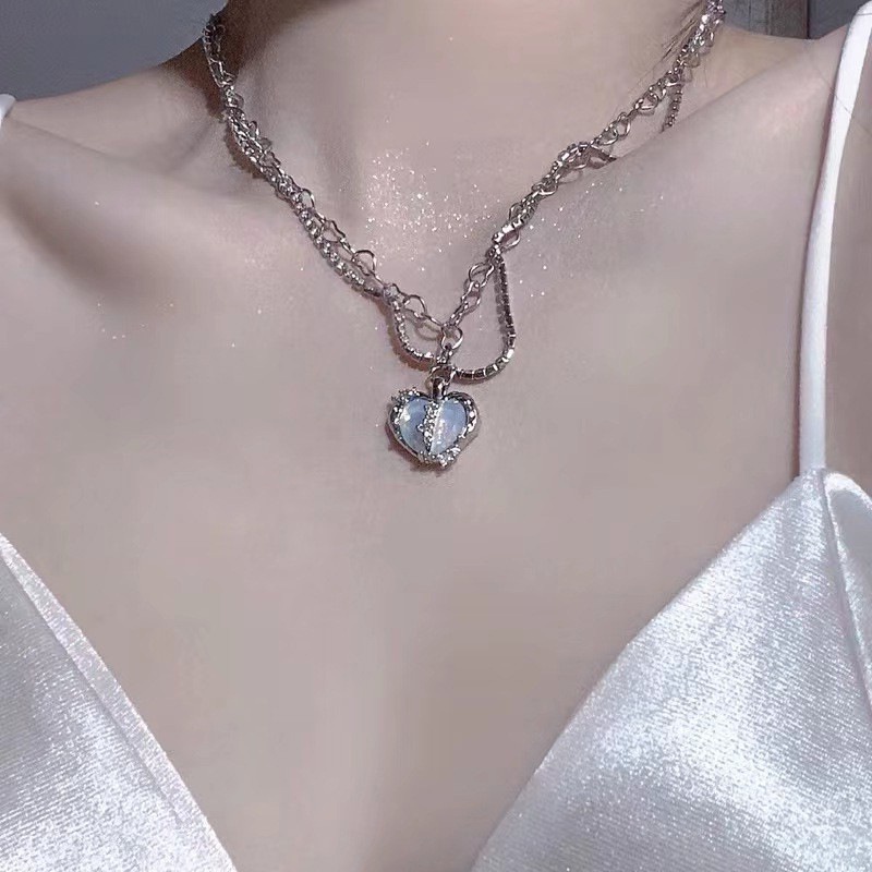 Bộ Vòng cổ + Bông Tai + Nhẫn Đính Đá Opal Hình Trái Tim Thời Trang Cho Nữ