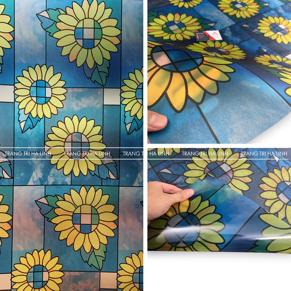 Decal dán kính mờ cửa sổ hoa vàng xanh sẵn keo khổ 0.9mx0.5m