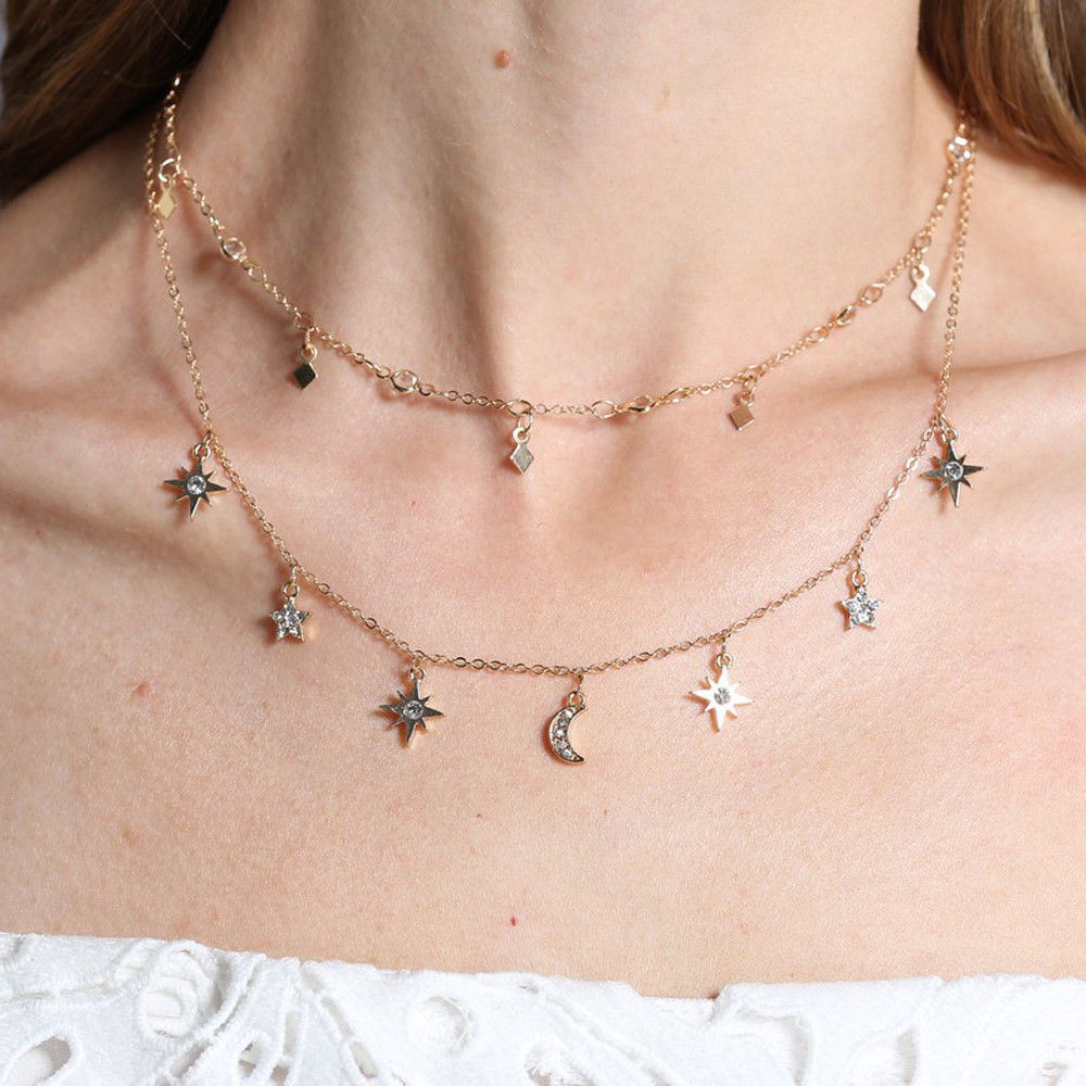 Dây chuyền choker nhiều lớp hình mặt trăng và ngôi sao