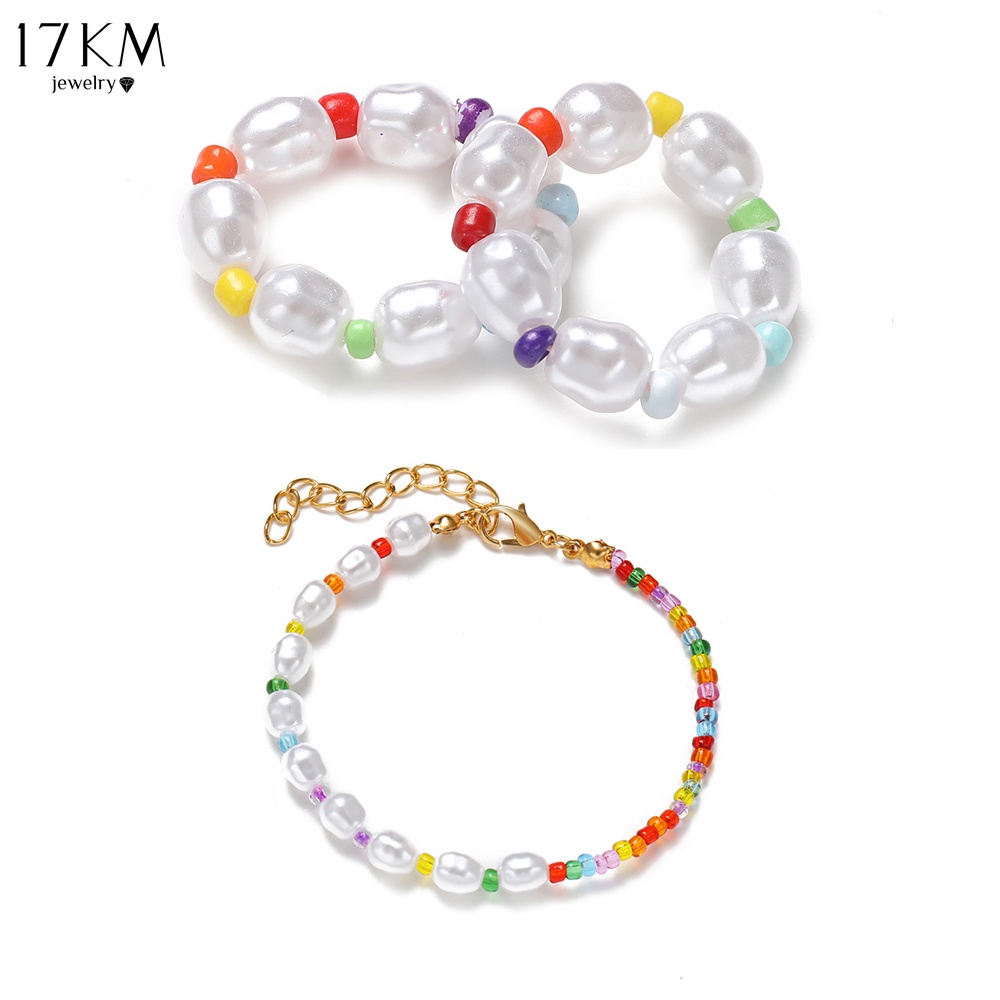 Vòng đeo tay / Nhẫn 17KM xỏ hạt ngọc trai nhân tạo nhiều màu sắc phong cách Hàn Quốc cho nữ