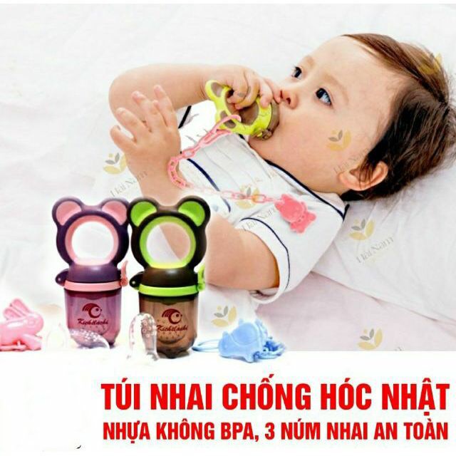 Túi nhai ăn dặm Kichilachi kèm dây đeo và 3 núm thay thế