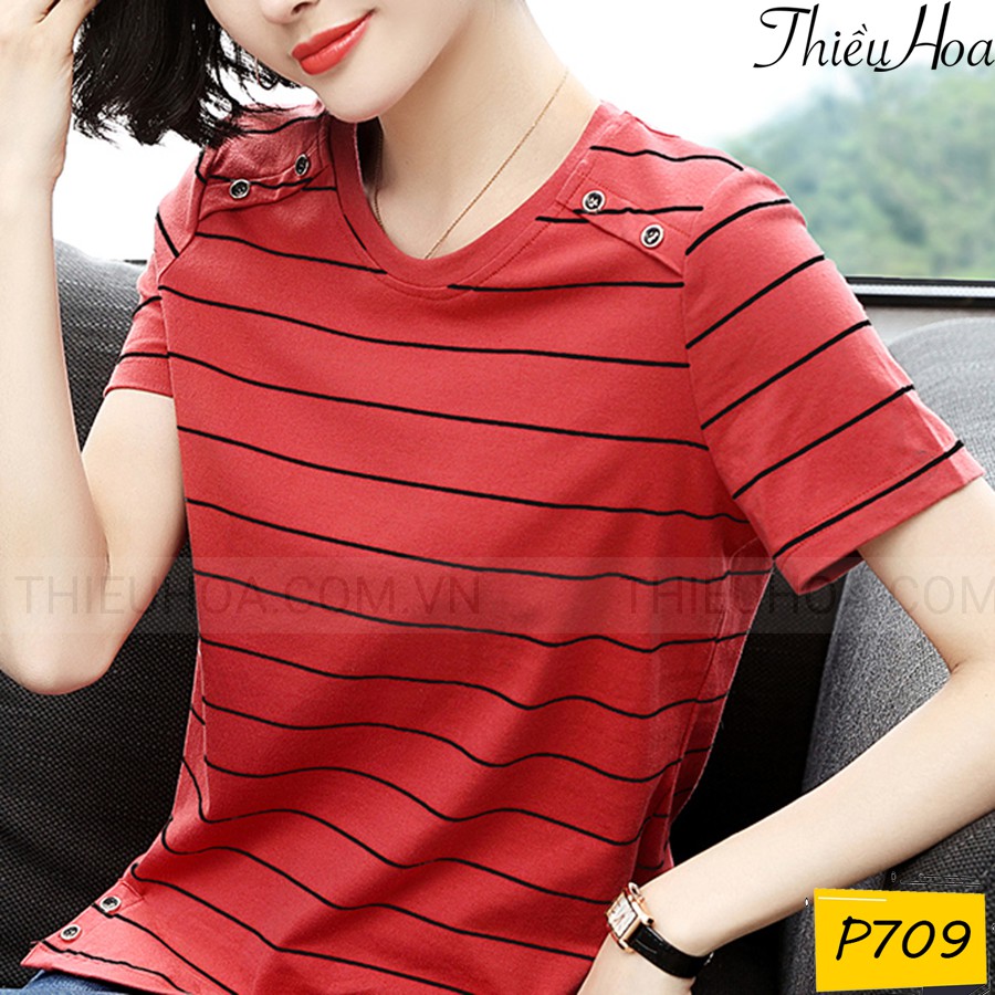 Áo Thun Kẻ Sọc Tay Ngắn Đơn Giản Cho Phụ Nữ Trung Niên P709