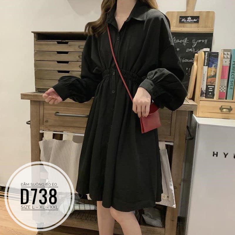 (CÓ ẢNH THÂT) BIGSIZE Đầm suông bo eo tay dài mã D738 Chất liệu: vải cotton thái Màu sắc: đen